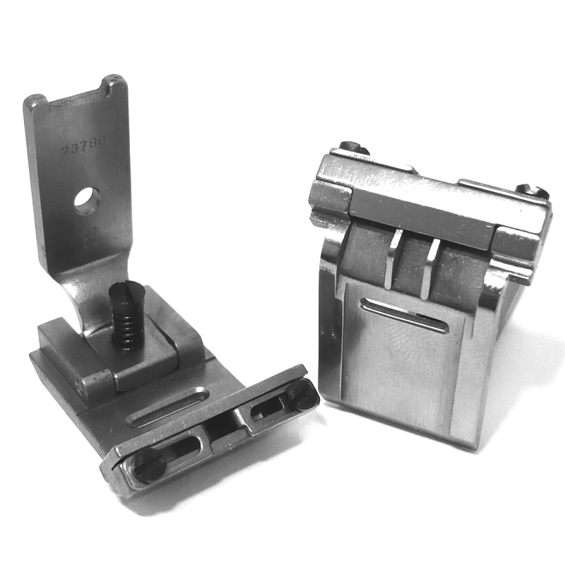 23780 Grooved Tape Attaching Foot — Grooved Tape Attaching Foot for Singer / Juki Zigzag Machine Elastic tape size can be adjusted. Elastic Tape Size : 3.5 ~ 15mm Needle Hole Width : 11mm Presser Foot Width : 22mm Groove Width : 15mm