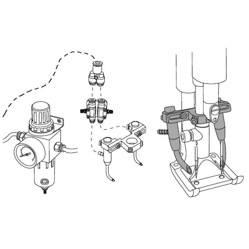 KA-CND Needle Cooler — KA-CNS Needle Cooler for Double Needle It is a cooler set for double needle machine. It is including air filter. Nozzles are mounted on the feeding foot bar and pointing to the needle.