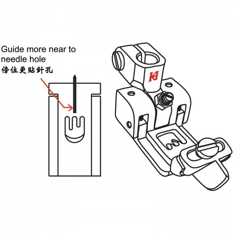 2700KN Presser Foot with Center Guide — Presser Foot with Center Guide for Coverstitch Machine Center guide is adjustable and removable. Presser Bar Internal Diameter: 6.0mm