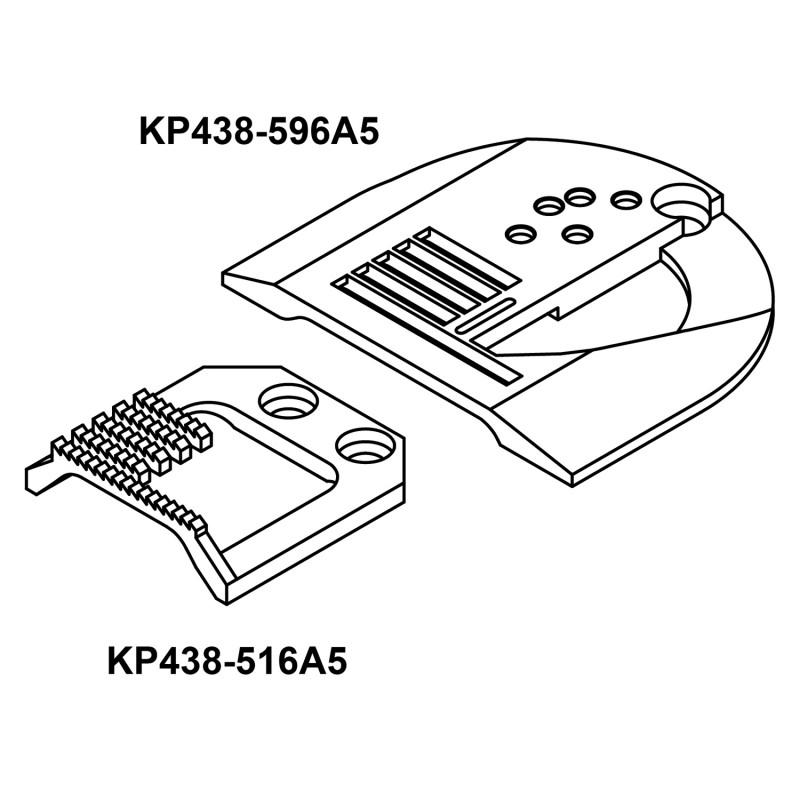 KN438596-A5 Needle Plate + KF438516-A5 Feed Dog — This is a set of binding needle plate and feed dog for Pfaff zigzag machine. There is a open and few screw holes on the needle plate for fixing the binder. Teeth Width: 18mm total Teeth: 5 rolls They are compatible with binding presser feet KP438-625.