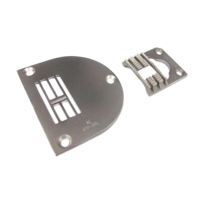 KN43868-L Needle Plate + KF527-920L Feed Dog — Needle Plate and Feed Dog for Durkopp Adler 527i KN43868-L Needle Plate Needle Hole Size : 10.2 x 1.7mm KF527-920L Feed Dog Teeth Width : 16.5mm Teeth in Mid-row : 5T + 8T Teeth : 4 rolls