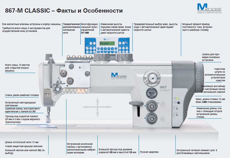 Durkopp Adler 867 M-Type Одноигольная или двухигольная швейная машина челночного стежка с плоской платформой с нижним, игольным и верхним альтернирующим транспортером лапкой для средних и тяжелых материалов