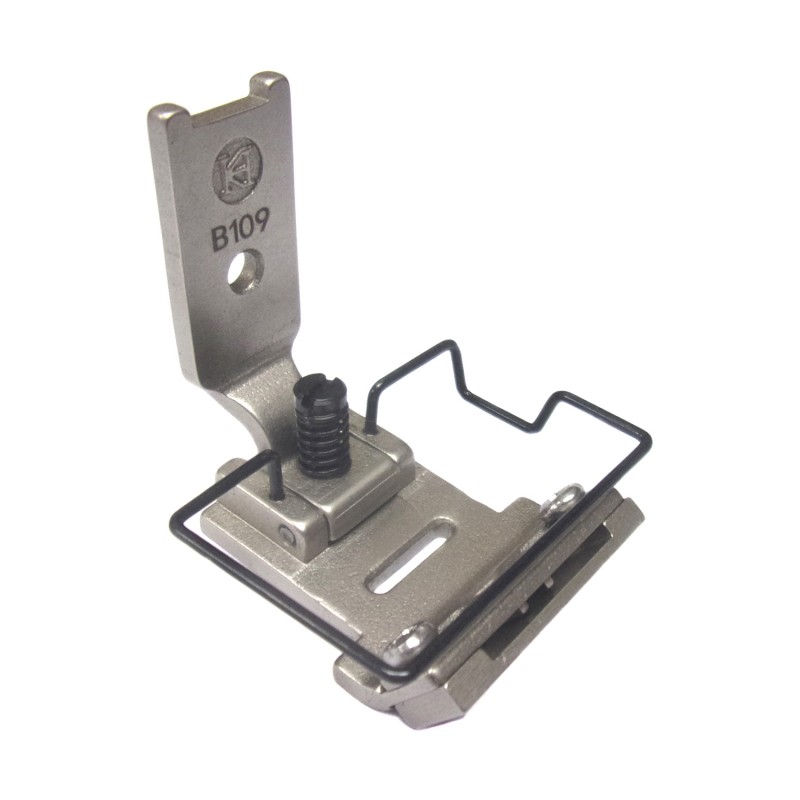 B109 Tape Attaching Foot — Tape Attaching Foot for Singer / Juki Zigzag Machine Elastic tape size can be adjusted. Elastic Tape Size : 3 ~ 14mm Needle Hole Width : 11mm Presser Foot Width : 20.5mm