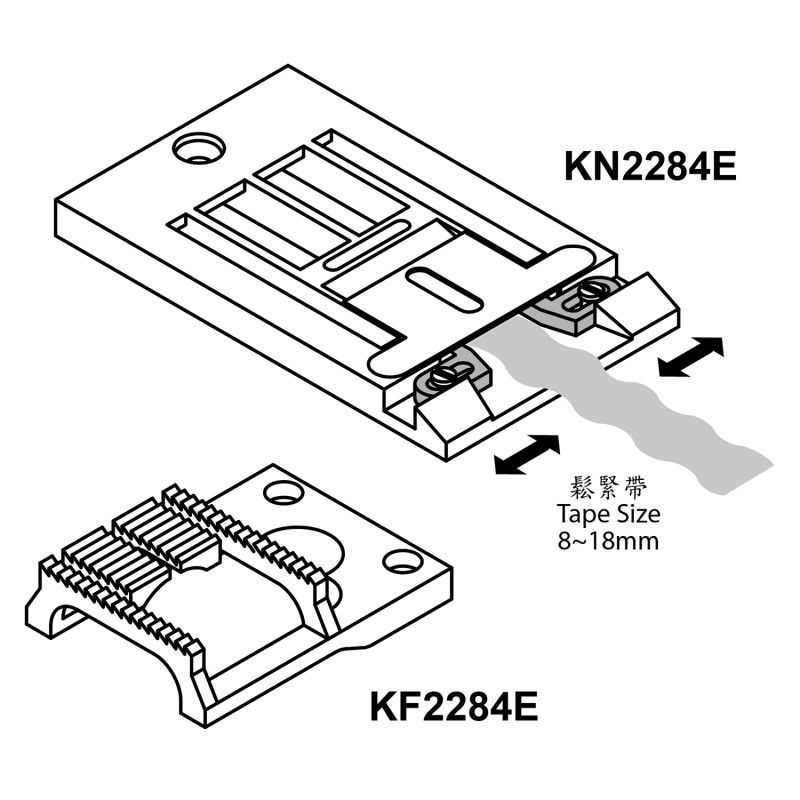 KN2284E Needle Plate + KF2284E Feed Dog — KN2284E Needle Plate Needle Hole Size: 1.4 x 13.4mm Adjustable Tape Size: 8 ~ 18mm KF2284E Feed Dog Teeth Width: 25.4mm Teeth in Mid-row: 8T