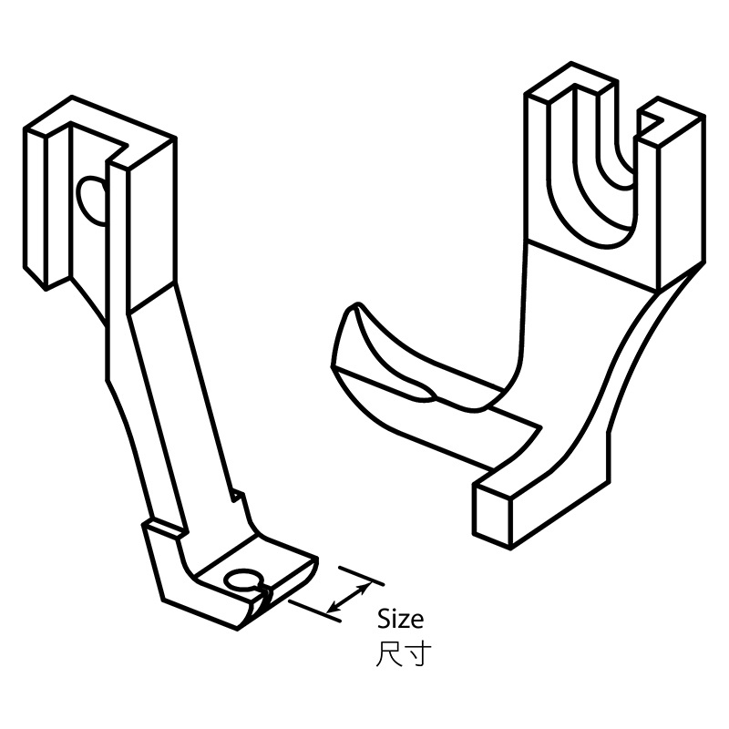 U192B Presser Foot + U193F Feeding Foot — Binding Feet Set Feeding foot on right, toe (outer foot) on left side. Size options: Space between needle hole and right edge Suitable for: