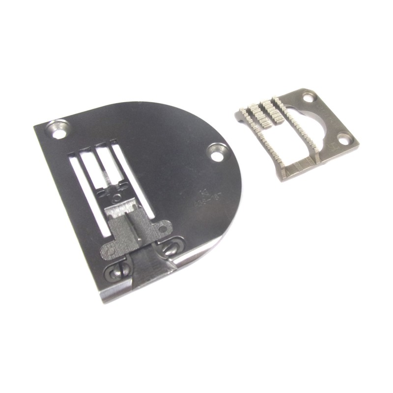 KN438187 Needle Plate + KF527-223 Feed Dog — Needle Plate and Feed Dog for Durkopp Adler 527i Suitable for butt seam and tape guiding. There is a groove for tape input at the front of needle plate. The groove size is adjustable with a pair of guides (max. width 7.5mm). One more guiding is on the top of the groove. It is a center guide helping the operator to do the butt seam. There is a removable supporter on the needle hole (2.5mm wide). It is helpful for butt seam and thin material. KN438187 Needle Plate with Supporting Finger Needle Hole Size: 10.3 x 1.7mm KF527-223 Feed Dog Teeth Width : 16.5mm Teeth : 4 rolls