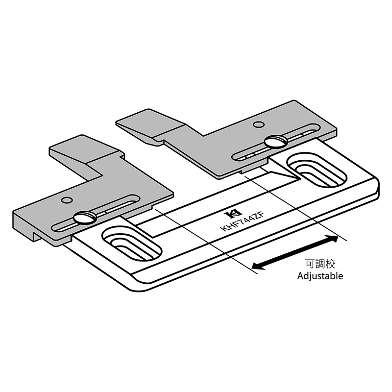 KHF744ZF Zipper/Tape Feeder — Zipper / Tape Feeder Install on the front slide plate, can be used with other optional accessories. Groove width is adjustable, allow zippers, tapes and zipper heads of different widths to pass through. Adjustable Width : 20 ~ 52mm Maximum Thickness : 1.6mm Distance of installation screws: 65mm