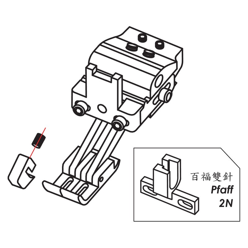 K845M Left/Right Compensating Feet — Double Needle Left/Right Compensating Feet (Adjustable) Adjusting both presser feet bases height and pressure independently. Sewing different thickness fabrics simultaneously. Suitable for Machine (*use different presser feet shank):