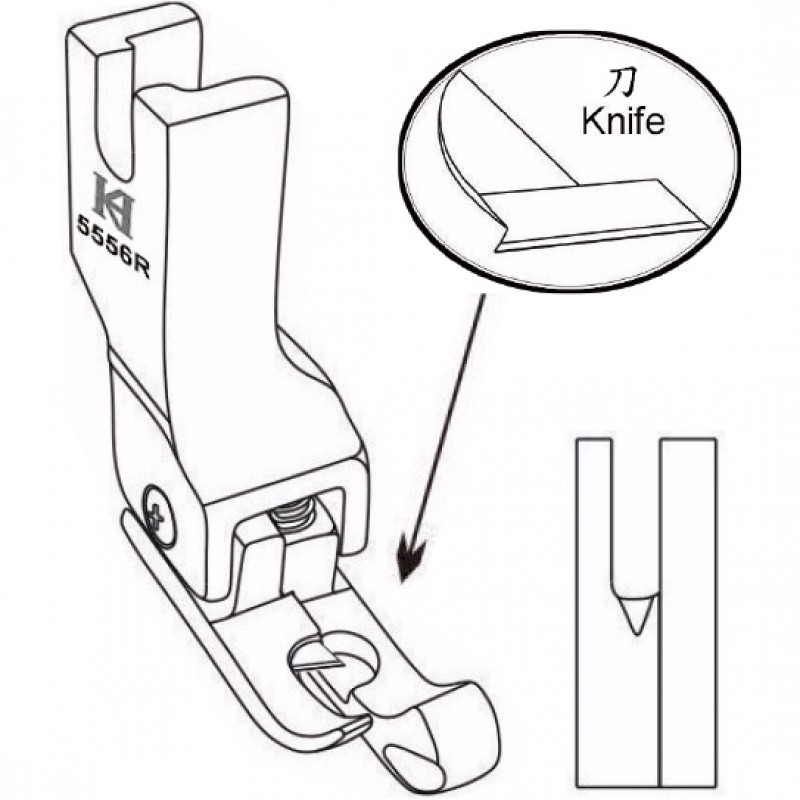 KP5556R Bird Nest Prevention Feet — Compensating Bird Nest Prevention Feet For automatic thread trimmer machine, e.g. Juki DDL-5556N-WB, DDL-9000 *Optional size: The space between needle hole and right guide.