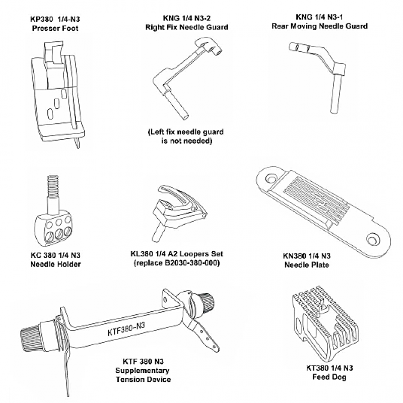 KH380-3N 3-Needle Conversion Kit — Conversion kit helping to change the machine Juki MH-380, flat-bed double chainstitch machine, from 2 needles to 3 needles. Needle space size : 1/4" Full Set includes: