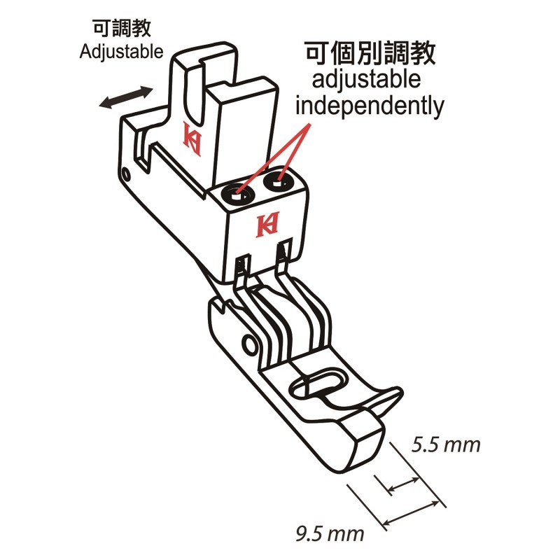 KP938-CL Compensating Foot — Pressure on bath side can be adjusted respectively. It enable the machine to handle cross seam and various thickness of material. Suitable for Pfaff 438 and 938. Needle Hole : 6mm Total Width : 9.5mm Right Toe Width : 5.5mm