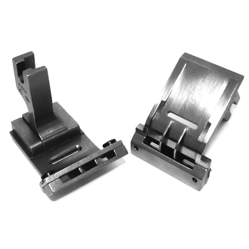 KP438GA-1 Tape Attaching Foot — Tape attaching foot with a longer groove that extend to end of foot. Under-tape Size Adjustable. Max. Elastic Tape Size : 15mm Presser Foot Width : 21mm