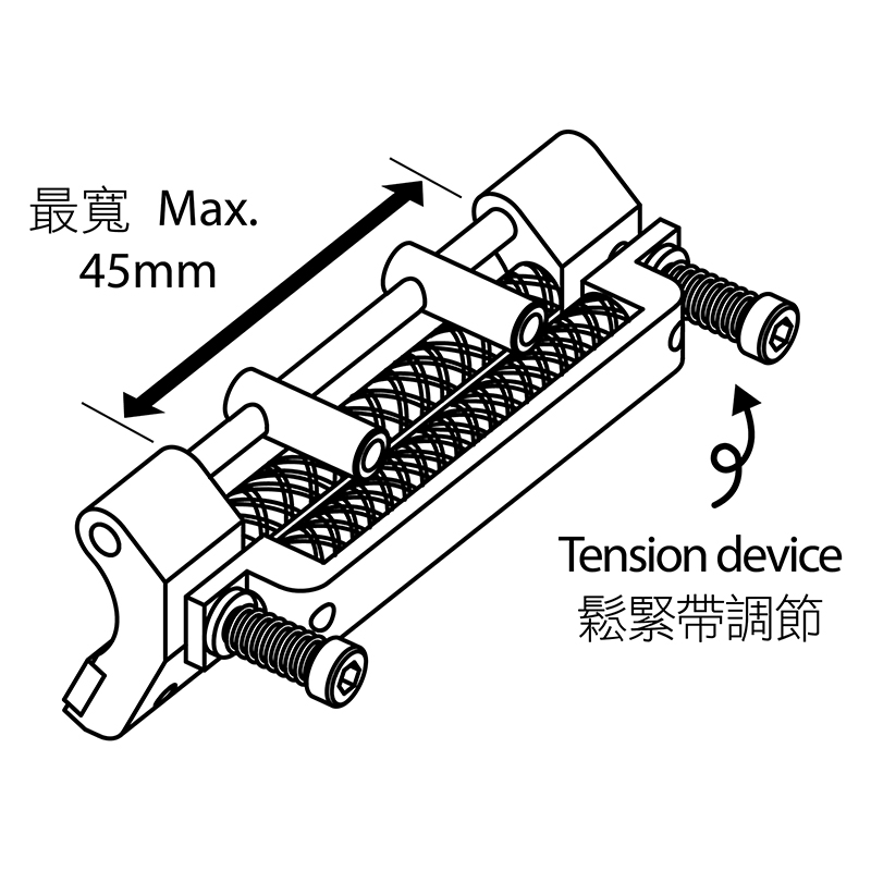 KP-TR Roller Guide with Tension Device — Roller Guide with Tension Device Can be attached on different guiding feet. Tension device can adjust the tightness according to the thickness of different materials. Roller tape guide enable the sticky material such as elastic rubber tape move smoothly. Guiding width is is adjustable, maximum to 35mm (with guide pieces) / 45mm (remove guide pieces).