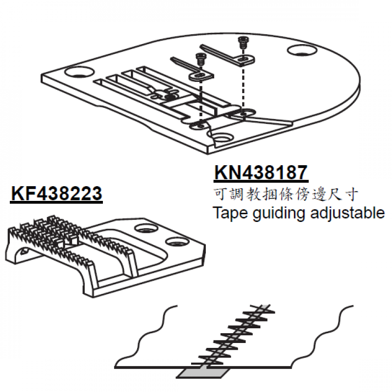 KN438187 Needle Plate + KF438223 Feed Dog — This is a set of butt seam and tape guiding needle plate and feed dog for Pfaff zigzag machine. There is a groove for tape input at the front of needle plate. The groove size is adjustable with a pair of guides. (max.7.5mm) One more guiding is on the top of the groove. It is a center guide helping the operator to do the butt seam. There is a removable supporter on the needle hole. (2.5mm wide) It is helpful for butt seam and thin material. Teeth: 4 rolls Teeth Width: 17mm total Needle Hole: 10mm Tape size: max 7.5mm wide and adjustable Supporter on needle hole: 2.5mm wide