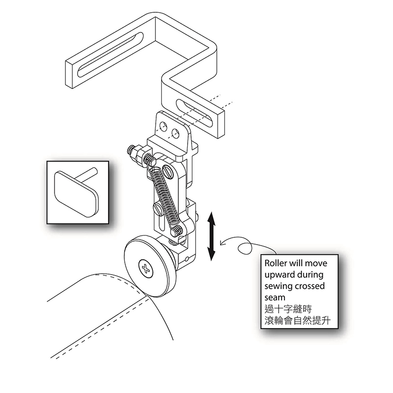 KG779R Compensating Roller Guide — Compensating Roller Guide It is mounted on the machine and guiding the material at the right hand side. This guide is compensating and adjustable. Roller guide is better for curved surface. One more straight guide is also provided for flat surface. Can be mounted on various model by using different mounting brackets.