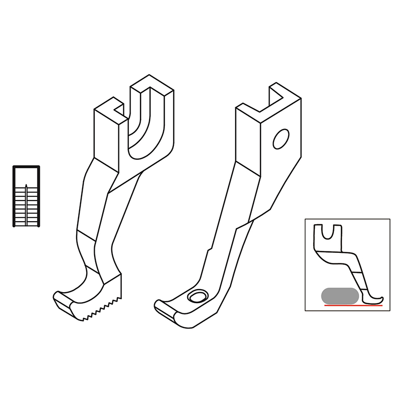 KP141Q Presser Feet — Presser Feet for Upturned Materials Presser foot size: Width : 4.1mm Pressing length : 9mm Feeding foot size: Width : 4.6mm Pressing length : 5.5mm