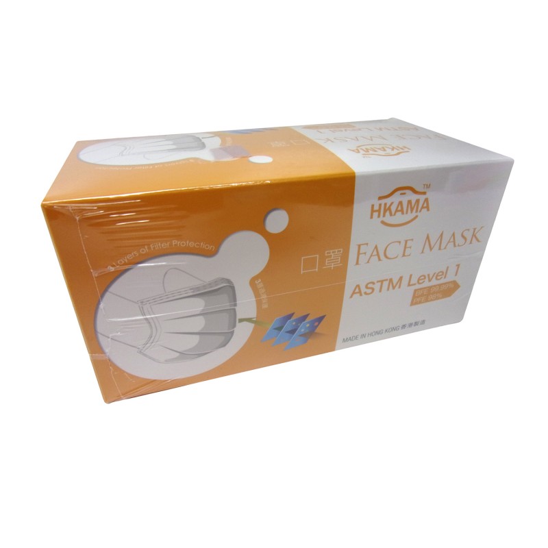 Face Mask (ASTM Level 1) — ASTM Level 1 Adult Face Mask 50pcs / Box 3 Layers of Filter Protection Size: 17.5cm x 9.5cm Bacterial Filtration (BFE) > 95% Particle Filtration (PFE) > 95% Fluid Resistance 80mm Hg Made in Hong Kong Manufactured by Hong Kong Apparel Machinery Association in the name of Jian Ye Technology Industry Co. Ltd. Store in cool, dry place