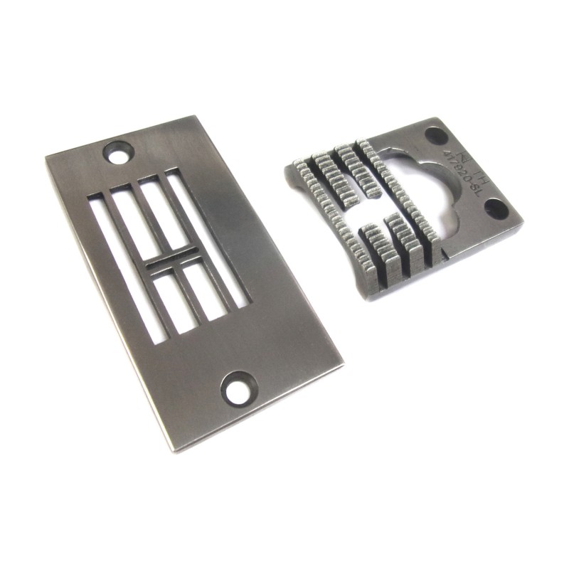 51768-TH Needle Plate + 417920-SL Feed Dog — Needle Plate and Feed Dog for Singer / Juki Zigzag Machine 51768-TH Needle Plate Needle Hole Size : 10 x 1.0mm 417920-SL Feed Dog Short feed dog moving range Teeth Width : 17.5mm Teeth in Mid-row : 7T + 10T