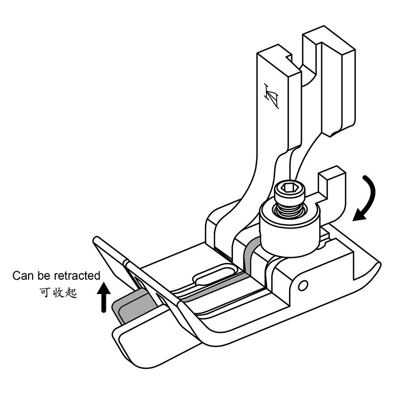 KZY 2-Step Right Compensating Guiding Foot — 2-Step Right Compensating Guiding Foot The guide near the needle hole can be retracted. Able to sew double parallel threads with a single needle machine. Size options: Space between two guides.