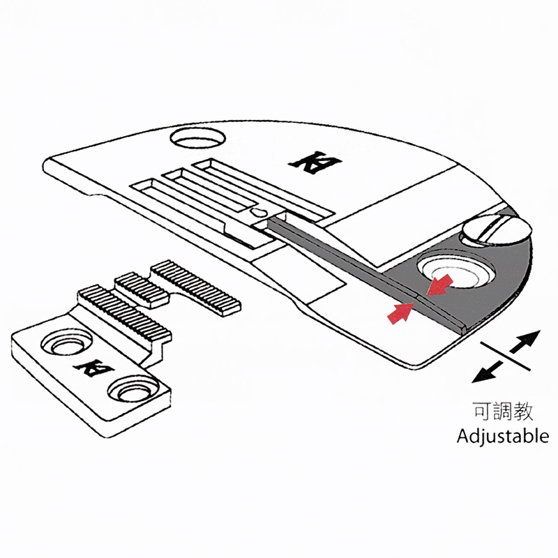 KN9000SF Needle Plate + KF9000SF Feed Dog — Lower Layer Left / Right Guiding Gauge Set KN9000SF Lower Layer Left / Right Guiding Needle Plate (Adjustable) KF9000SF Feed Dog Applicable Parts: KL31E Left Compensating Feet KR31E Right Compensating Feet