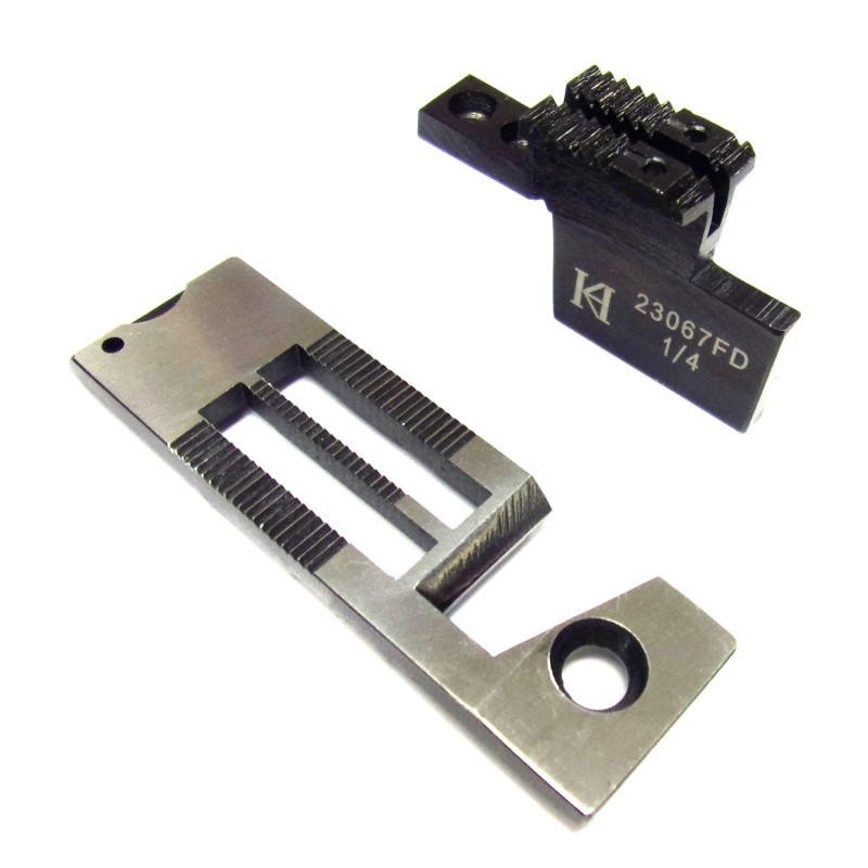 23067NP Needle Plate + 23067FD Feed Dog — Plate and Feed Dog for Double Needle Machine Gauge set for bra binding. Other Applicable Parts: 23067PF Presser Feet 112607SP Slide Plate