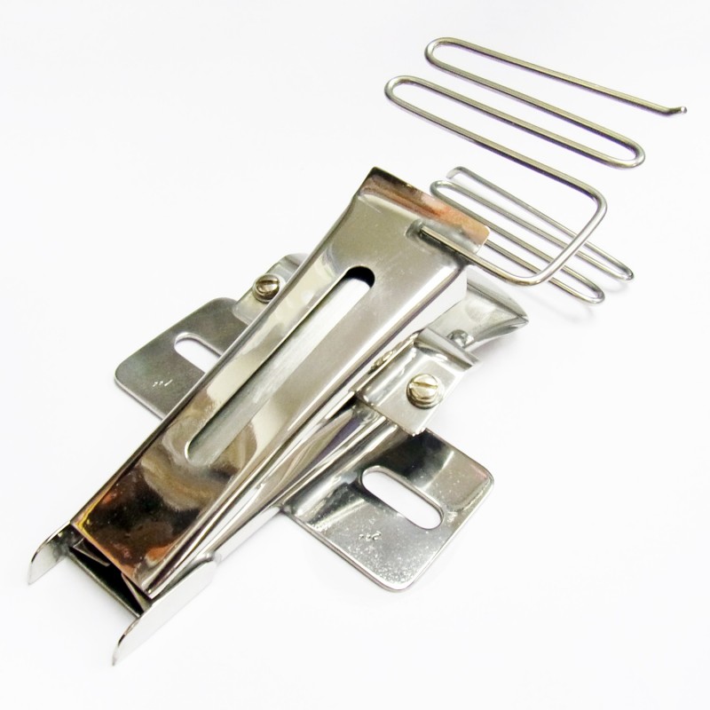 KHF85 Belt Loop Folder — Two Piece Belt Loop Folder KHF85A Upper Folder + KHF85B Lower Folder *KHF85A must be attached on KHF85B to be used, cannot be used independently. Applicable Parts : 1. PD112x1, PD112x1.8 Presser Feet 2. Double Needle Gauge Set