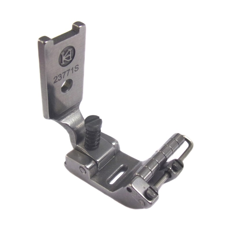23771S Narrow Tape Attaching Foot with Guide — Narrow Tape Attaching Foot with Guide for Singer / Juki Zigzag Machine Elastic tape guide is adjustable. Maximum Tape Size : 17mm Needle Hole Width : 7.5mm Pressing Width : 11.5mm