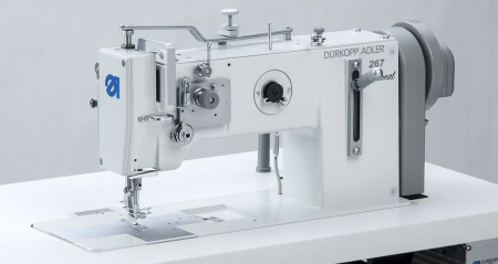 267-373 Durkopp Adler Single Needle Lockstitch Flatbed Sewing Machine with Bottom Feed, Needle Feed, and Alternating Top Feed, with Large Vertical Hook for Medium to Heavy Materials